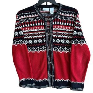 Croft & Barrow Red Nordic Fair Isle Snowflake Cardigan Metal Clasp Sweater- M